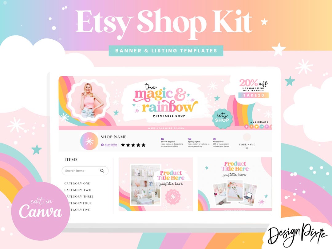 Rainbow Etsy Shop Kit - Etsy Banner Templates Canva - Etsy Store ...