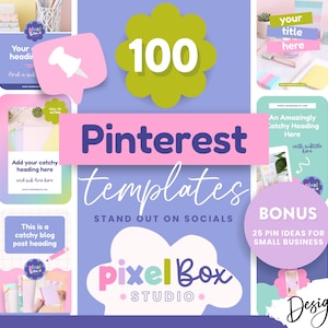 Op de afbeelding: Een promotionele afbeelding voor Pinterest-sjablonen. Het ontwerp bevat een verzameling sjablonen in roze, blauw en groen, met de tekst "Pinterest templates" en "100" prominent weergegeven. De afbeelding bevat ook de tekst "pixel Box STUDIO".