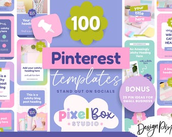 100 Pinterest Templates für Canva - Bunte Blog Post & Idee Pins Social Media Grafiken - PB1 Design Pixie
