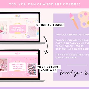 May include: A graphic showing two laptop screens displaying website designs. The top screen shows an original design, and the bottom screen shows a customized version. Text indicates the ability to change colors, fonts, and backgrounds. The phrase "brand your biz" is also present.