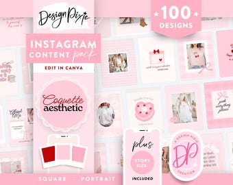 Girly Pink Instagram Post Templates - Coquette Aesthetic Canva Templates - Bows, Cherries, Quotes - Cute Feminine Posts - CQ01 Design Pixie