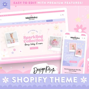 May include: A pink and purple Shopify theme design, featuring a laptop and smartphone displaying a boutique website. The website showcases accessories for girls, with the text "Sparkling Collection" and "Shopify Theme".