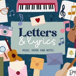 May include: A dark blue background featuring the text Letters & Lyrics Music, Paper and Notes surrounded by illustrations of a piano, violin, guitars, envelopes, letters, a camera, glasses, a magnifying glass, a stamp, and musical notes.