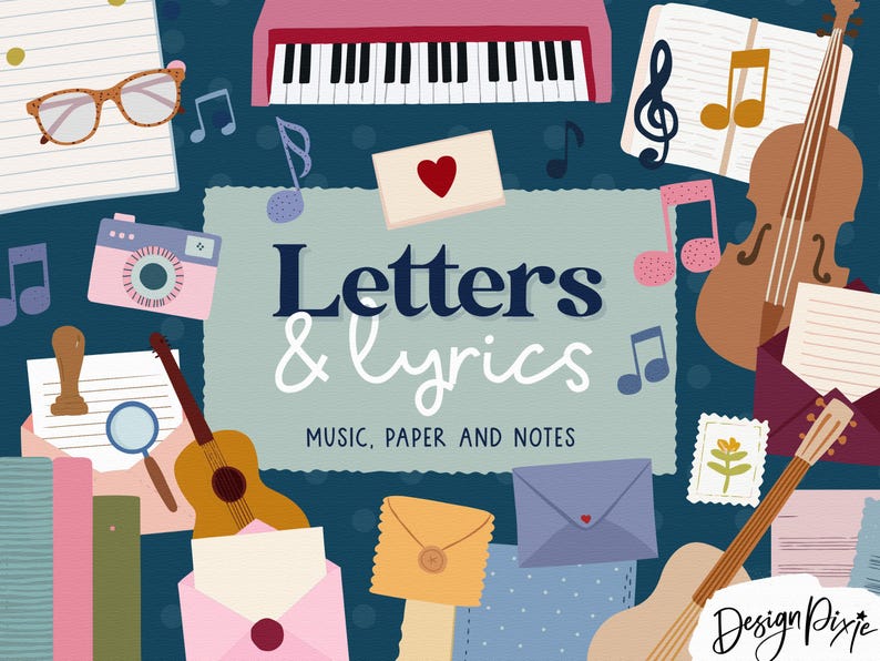 May include: A dark blue background featuring the text Letters & Lyrics Music, Paper and Notes surrounded by illustrations of a piano, violin, guitars, envelopes, letters, a camera, glasses, a magnifying glass, a stamp, and musical notes.