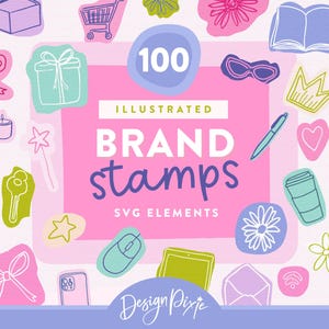 Può includere: Una collezione di 100 timbri di marca illustrati in elementi SVG. Il design presenta varie illustrazioni colorate, tra cui un pacco regalo, un carrello della spesa, una corona, una penna, una tazza di caffè e un monitor di computer, su uno sfondo rosa e bianco.