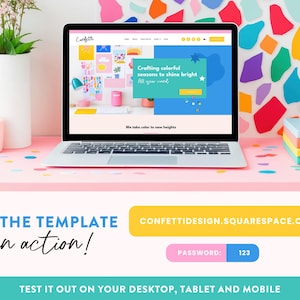 May include: A laptop displays a website with the Confetti logo and the text "Crafting colorful seasons to shine bright." The image is on a pink desk with colorful confetti, a vase, and a stack of colorful blocks. Text below reads "See the template in action!"