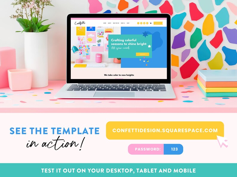May include: A laptop displays a website with the Confetti logo and the text "Crafting colorful seasons to shine bright." The image is on a pink desk with colorful confetti, a vase, and a stack of colorful blocks. Text below reads "See the template in action!"