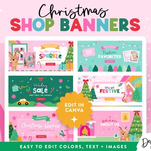 May include: A selection of Christmas shop banners with festive designs. The banners showcase Christmas trees, reindeer, and holiday messages. Text includes "Christmas Shop Banners", "Holiday Sale", and "Festive Favourites". The banners are easy to edit colours, text and images.