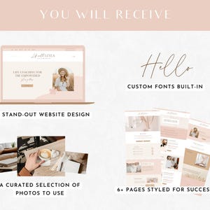 Puede incluir: Una plantilla de dise&ntilde;o de sitio web rosa y blanco para entrenadores de vida. La plantilla incluye una maqueta de sitio web, una selecci&oacute;n de fotos y un conjunto de 6+ p&aacute;ginas dise&ntilde;adas para el &eacute;xito. El texto "Life with Lexia" es visible en la maqueta del sitio web.