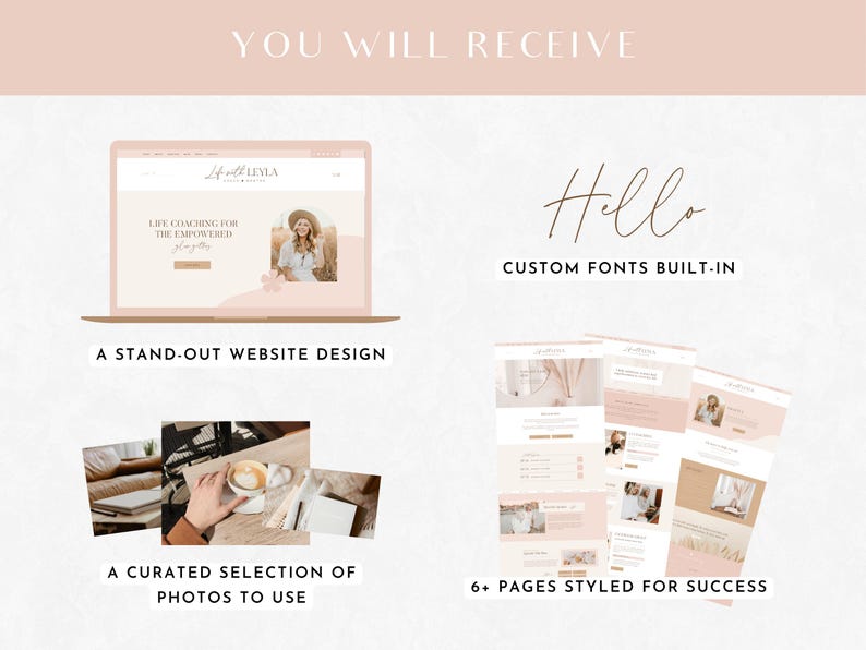 Puede incluir: Una plantilla de dise&ntilde;o de sitio web rosa y blanco para entrenadores de vida. La plantilla incluye una maqueta de sitio web, una selecci&oacute;n de fotos y un conjunto de 6+ p&aacute;ginas dise&ntilde;adas para el &eacute;xito. El texto "Life with Lexia" es visible en la maqueta del sitio web.
