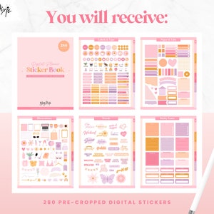 May include: A digital planner sticker book with 280 pre-cropped stickers. The stickers are in a variety of colors and designs, including illustrations, words, labels, and sticky notes. The stickers are perfect for adding a personal touch to your planner or journal.