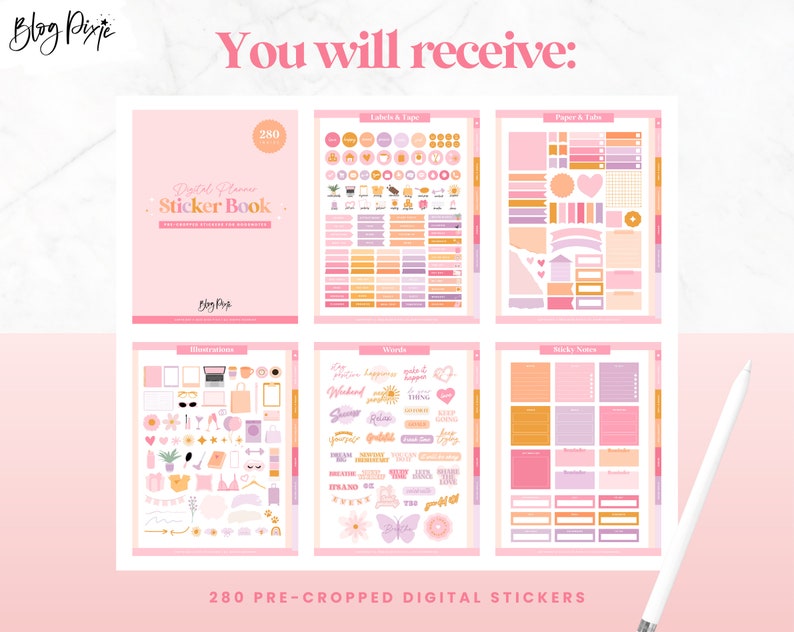 May include: A digital planner sticker book with 280 pre-cropped stickers. The stickers are in a variety of colors and designs, including illustrations, words, labels, and sticky notes. The stickers are perfect for adding a personal touch to your planner or journal.