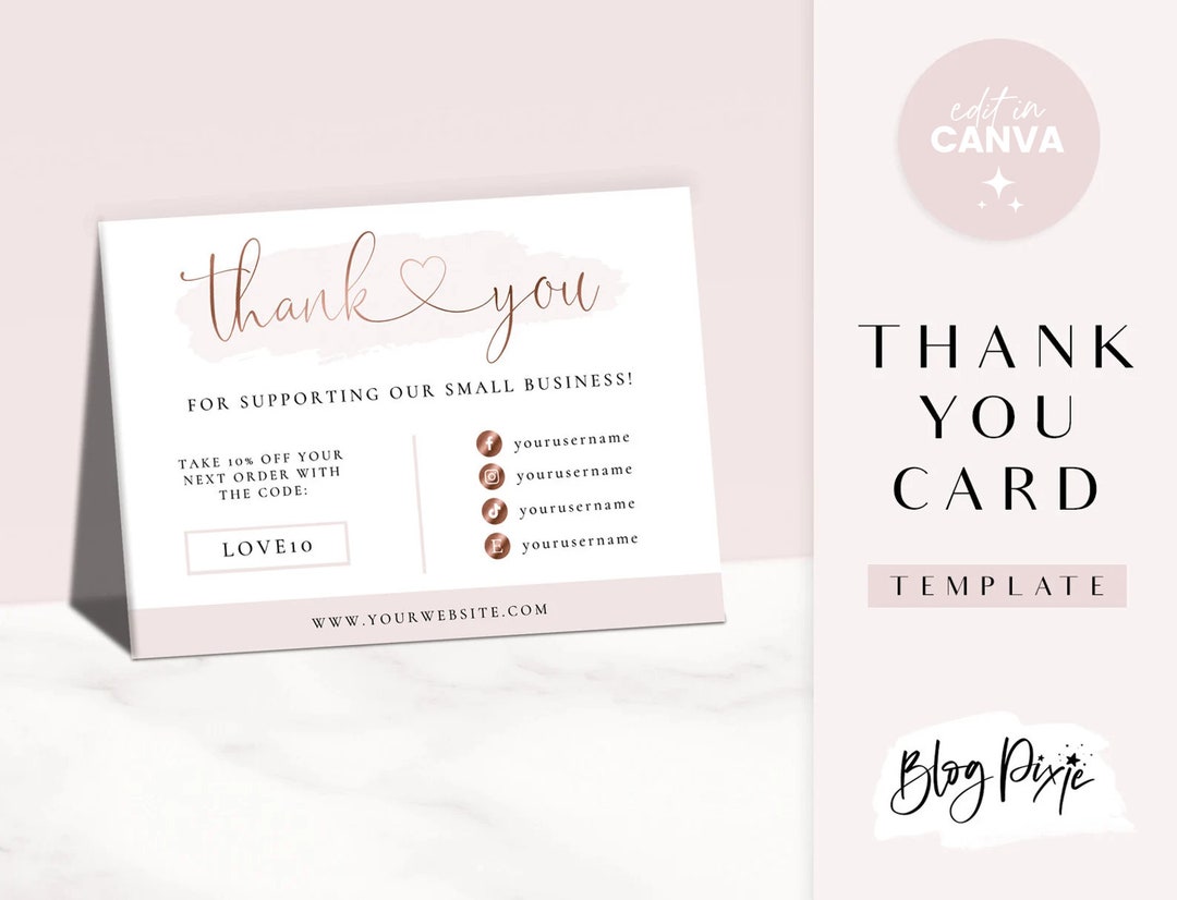 Thank You Card Template Rose Gold Blush Pink Canva Thankyou Order Card ...
