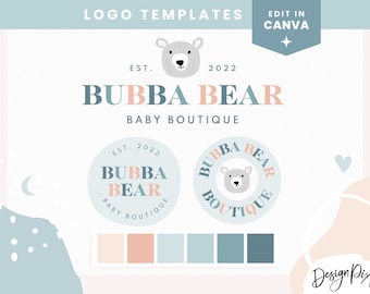 May include: Logo templates for a baby boutique called "Bubba Bear" featuring a cartoon bear with a light blue, pink, and white color scheme. The text "EST. 2022" is included in the logo design.