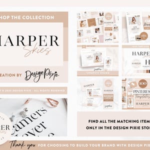 May include: A collection of digital design templates for social media and email marketing. The templates feature a neutral color palette with a modern aesthetic. The collection is called "Harper Skies" and is a creation by Design Pixie.