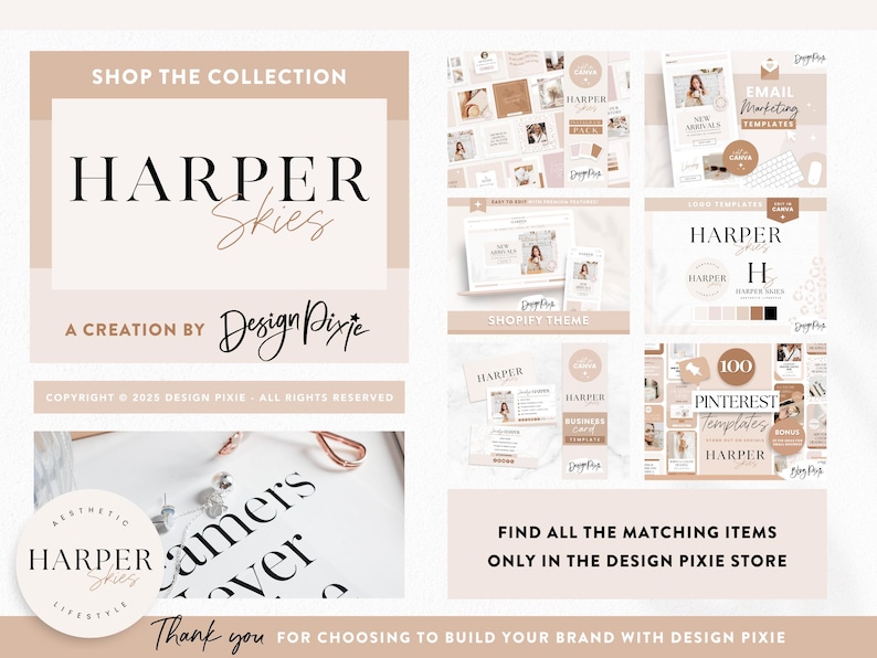 May include: A collection of digital design templates for social media and email marketing. The templates feature a neutral color palette with a modern aesthetic. The collection is called "Harper Skies" and is a creation by Design Pixie.