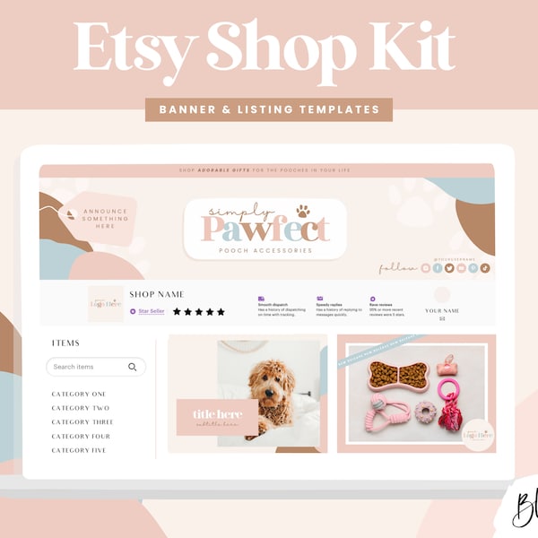 Etsy Shop Kit - Store Banner Listing Templates Canva - Pet Shop Branding - Etsy Store Listing Design - Dog Paw Logo - Blog Pixie