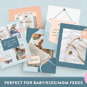 May include: A selection of social media posts with a baby and mother theme. The graphics feature text including "Best Seller", "Which one do you love most?", and "20% off". The colour scheme is soft, with pastel pinks, blues, and creams.