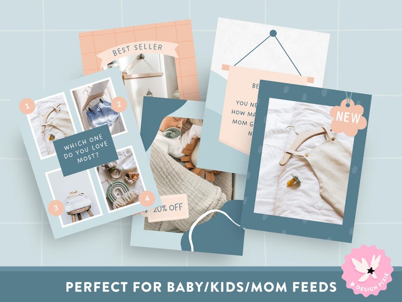 May include: A selection of social media posts with a baby and mother theme. The graphics feature text including "Best Seller", "Which one do you love most?", and "20% off". The colour scheme is soft, with pastel pinks, blues, and creams.
