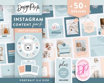 Baby Boutique Instagram Templates - Blue Canva Post and Story Ideas for Mom Bloggers and Kids Store - BR01 Design Pixie