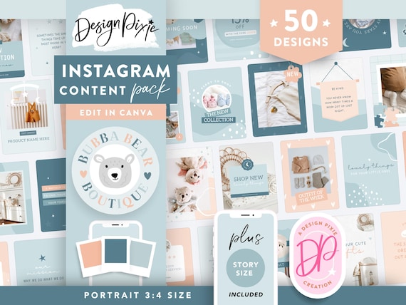 Baby Boutique Instagram Templates - Blue Canva Post and Story Ideas for Mom Bloggers and Kids Store - BR01 Design Pixie