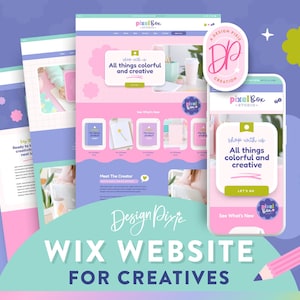 May include: A digital design promoting a Wix website for creatives. The design includes a website layout, a mobile phone mockup, and a pink pencil. The text reads "All things colourful and creative."