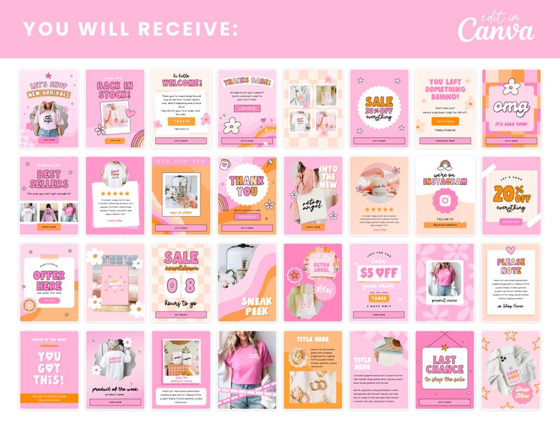 Op de afbeelding: Een verzameling van 25 roze en oranje social media sjablonen voor een online winkel. De sjablonen bevatten verschillende ontwerpen met tekst zoals "Let's Shop New Arrivals", "Back in Stock", "Sale Everything", "Thank You", "Offer Here", "Sneak Peek", "You Got This", "Last Chance", "Please Note" en "Omg It's Sale Time".