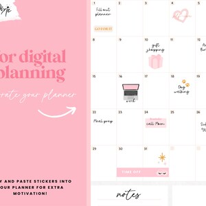 May include: A pink and white digital planner with stickers for each day of the month. The stickers include icons for tasks like "gift shopping", "dog walking", and "submit essay". The text "for digital planning" and "decorate your planner" is written in white on a pink background.