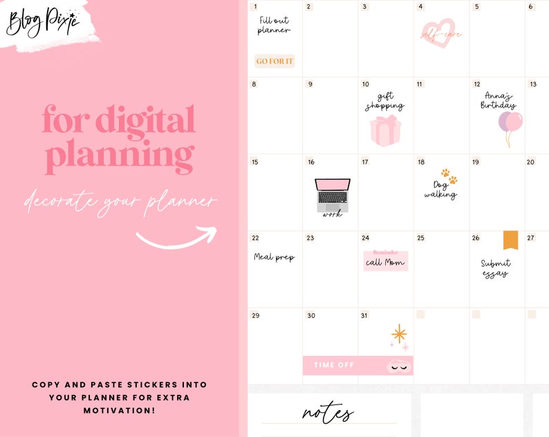 May include: A pink and white digital planner with stickers for each day of the month. The stickers include icons for tasks like "gift shopping", "dog walking", and "submit essay". The text "for digital planning" and "decorate your planner" is written in white on a pink background.