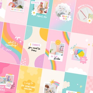 May include: A collage of 12 Instagram story templates featuring colorful backgrounds, rainbows, and text overlays. The text includes phrases like "What's trending?", "3 things you need to know", "In the studio", and "New collection".