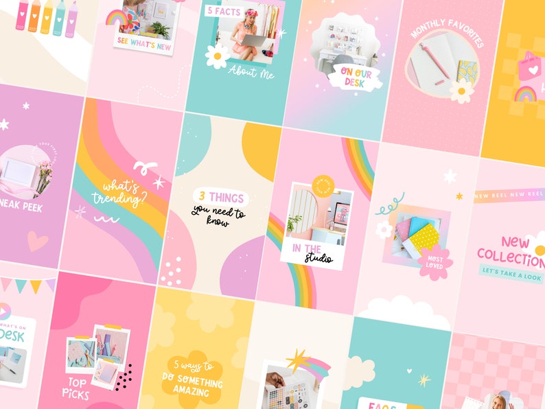 May include: A collage of 12 Instagram story templates featuring colorful backgrounds, rainbows, and text overlays. The text includes phrases like "What's trending?", "3 things you need to know", "In the studio", and "New collection".