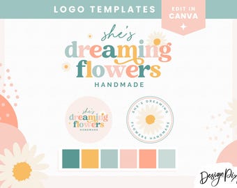 Könnte beinhalten: Logo-Vorlagen für ein Unternehmen namens "She's Dreaming Flowers" mit einem Gänseblümchen-Design und einer Farbpalette aus Türkis, Gelb, Hellblau, Rosa und Pfirsich.