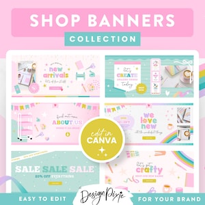 May include: A collection of colorful shop banners with text that says "Shop Banners Collection", "New Arrivals", "Let's Create", "Find out more About Us", "We Love New", "Sale Sale Sale 20% Off Everything", and "Let's Get Crafty". The banners are decorated with rainbows, stars, and other cute illustrations.