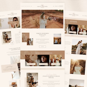 Op de afbeelding: Een website-homepage voor een fotografe genaamd Freya Archer. De website heeft een lichtbruine achtergrond met een witte koptekst en tekst. De koptekst bevat de naam van de fotografe en de zin "Capturing Your". De website toont ook verschillende afbeeldingen van het werk van de fotografe, waaronder een stel op een veld, een vrouw in een jurk en een kind op een veld.