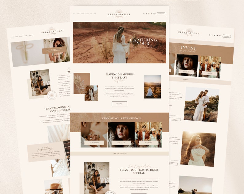 Op de afbeelding: Een website-homepage voor een fotografe genaamd Freya Archer. De website heeft een lichtbruine achtergrond met een witte koptekst en tekst. De koptekst bevat de naam van de fotografe en de zin "Capturing Your". De website toont ook verschillende afbeeldingen van het werk van de fotografe, waaronder een stel op een veld, een vrouw in een jurk en een kind op een veld.
