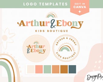 May include: Logo template for a children's boutique called "Arthur & Ebony". The logo features a rainbow with a peach, brown, and green colour scheme. The text is in a playful, handwritten font. The template includes a colour palette with five colours: peach, light pink, green, brown, and dark blue.