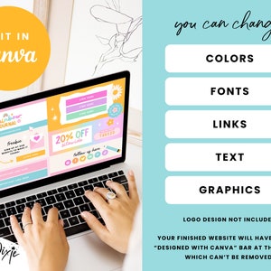 K&ouml;nnte beinhalten: Ein Laptop-Computer, auf dem ein Website-Design f&uuml;r ein "Rainbow Journal" mit einem rosa, gelben und blauen Farbschema angezeigt wird. Das Website-Design enth&auml;lt Text wie "Freebie", "20% Off Sitewide" und "Takezo". Der Text "Edit in Canva" wird in einem gelben Kreis oben im Bild angezeigt. Der Text "You can change Colors, Fonts, Links, Text, Graphics" wird in einem blauen Rechteck auf der rechten Seite des Bildes angezeigt. Der Text "Logo Design Not Included" wird unterhalb des blauen Rechtecks angezeigt. Der Text "Your finished website will have a black "Designed with Canva" bar at the bottom which can't be removed." wird unterhalb des Textes "Logo Design Not Included" angezeigt.