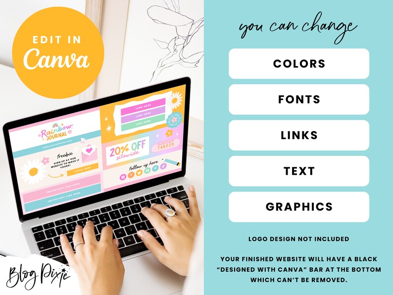 K&ouml;nnte beinhalten: Ein Laptop-Computer, auf dem ein Website-Design f&uuml;r ein "Rainbow Journal" mit einem rosa, gelben und blauen Farbschema angezeigt wird. Das Website-Design enth&auml;lt Text wie "Freebie", "20% Off Sitewide" und "Takezo". Der Text "Edit in Canva" wird in einem gelben Kreis oben im Bild angezeigt. Der Text "You can change Colors, Fonts, Links, Text, Graphics" wird in einem blauen Rechteck auf der rechten Seite des Bildes angezeigt. Der Text "Logo Design Not Included" wird unterhalb des blauen Rechtecks angezeigt. Der Text "Your finished website will have a black "Designed with Canva" bar at the bottom which can't be removed." wird unterhalb des Textes "Logo Design Not Included" angezeigt.