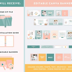 May include: An image showcasing a digital product with the text "YOU WILL RECEIVE:" and "EDITABLE CANVA BANNERS." It includes a theme zip file, a PDF installation guide, and customizable banners. The banners are in various pastel colors with the text "what's new" and "SALE."