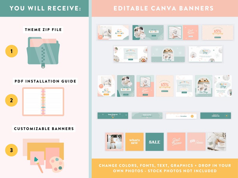 May include: An image showcasing a digital product with the text "YOU WILL RECEIVE:" and "EDITABLE CANVA BANNERS." It includes a theme zip file, a PDF installation guide, and customizable banners. The banners are in various pastel colors with the text "what's new" and "SALE."