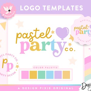 May include: A set of logo templates for a pastel party company. The logos feature a heart-shaped balloon, stars, and the text "pastel party co." in various pastel colors. The color palette includes pink, yellow, green, blue, and purple.