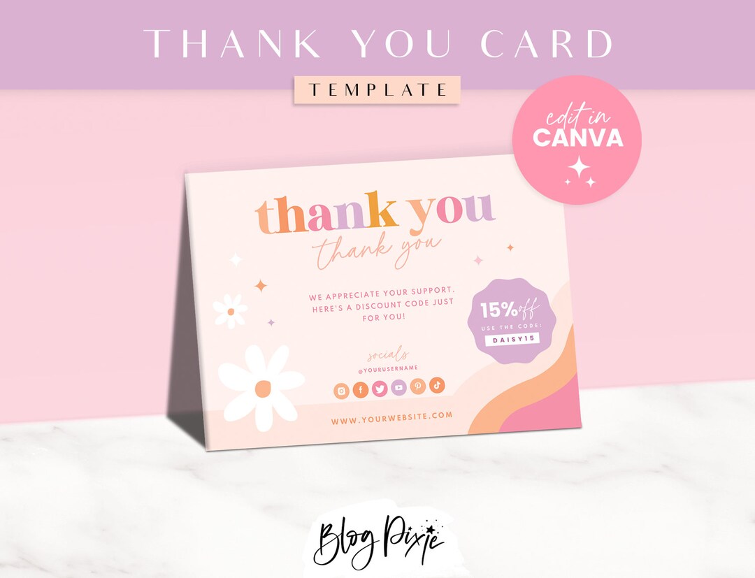 Thank You Card Template Pink - Flower Canva Thankyou Order Card ...