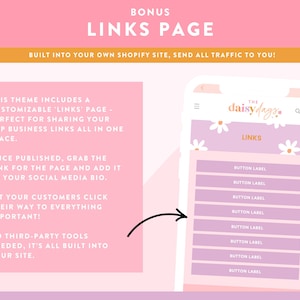 May include: A pink and peach graphic promoting a customisable links page for a Shopify site. The image includes a phone screen displaying a links page with button labels and the text "LINKS PAGE". Text on the left explains the page's features.