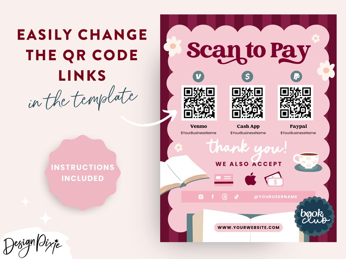 Pink Bookish Scan to Pay Sign Template - Cottagecore QR Code Payment ...