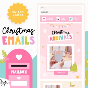 May include: A pink and white digital design for Christmas emails. The design includes a pink mailbox, the words "Christmas EMAILS" in colorful letters, and a mockup of an email with the words "Christmas ARRIVALS".