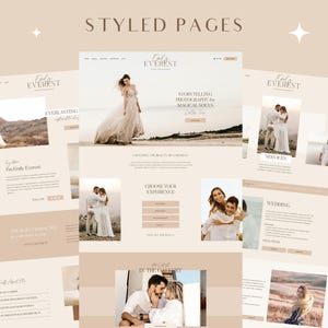 Pode incluir: Uma p&aacute;gina inicial de site para uma fot&oacute;grafa de casamento chamada "Ely Everest" com um fundo marrom claro e uma fonte de texto marrom claro. O site apresenta uma foto de uma noiva com um vestido de noiva branco, uma foto de um casal e uma foto de uma noiva e um noivo. O site tamb&eacute;m inclui texto que diz "Everlasting" e "Fotografia de contar hist&oacute;rias para almas m&aacute;gicas".