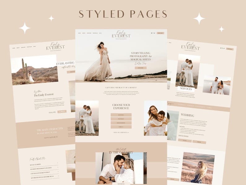 Pode incluir: Uma p&aacute;gina inicial de site para uma fot&oacute;grafa de casamento chamada "Ely Everest" com um fundo marrom claro e uma fonte de texto marrom claro. O site apresenta uma foto de uma noiva com um vestido de noiva branco, uma foto de um casal e uma foto de uma noiva e um noivo. O site tamb&eacute;m inclui texto que diz "Everlasting" e "Fotografia de contar hist&oacute;rias para almas m&aacute;gicas".