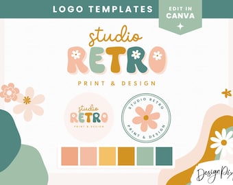 May include: A logo template for a business called "Studio Retro" featuring a retro-style font and a flower design. The logo is available in a variety of colors, including pink, green, yellow, and brown. The text "Print & Design" is also included in the logo.