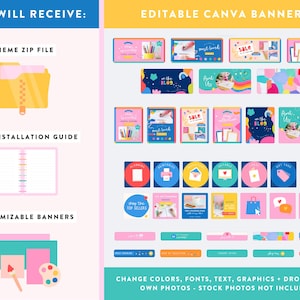 K&ouml;nnte beinhalten: Grafik mit editierbaren Canva-Bannern. Das Bild zeigt einen gelben Ordner, ein rosa Notizbuch und anpassbare Banner in verschiedenen Farben. Text enth&auml;lt "Sie erhalten" und "Editierbare Canva-Banner."