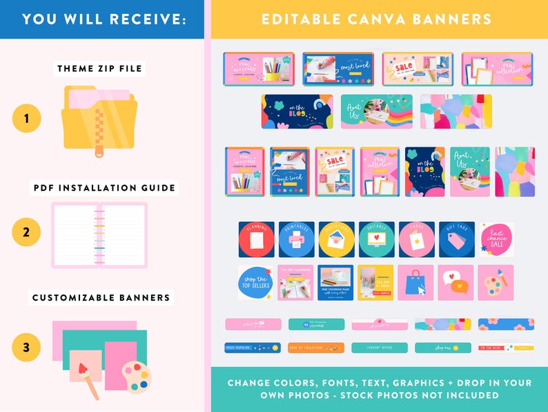 K&ouml;nnte beinhalten: Grafik mit editierbaren Canva-Bannern. Das Bild zeigt einen gelben Ordner, ein rosa Notizbuch und anpassbare Banner in verschiedenen Farben. Text enth&auml;lt "Sie erhalten" und "Editierbare Canva-Banner."